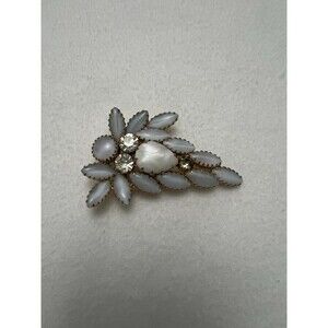 Plated Rhinestones & White Leaves Cluster Brooch VTG Clothing Accessories 2.75"